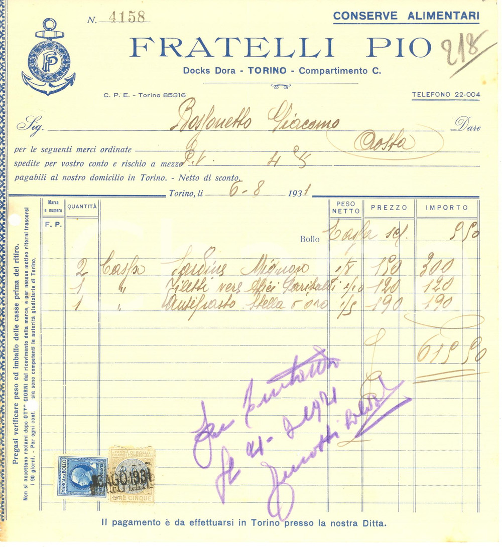 1931 TORINO Docks Dora - Fratelli PIO Conserve alimentari - Fattura (7)