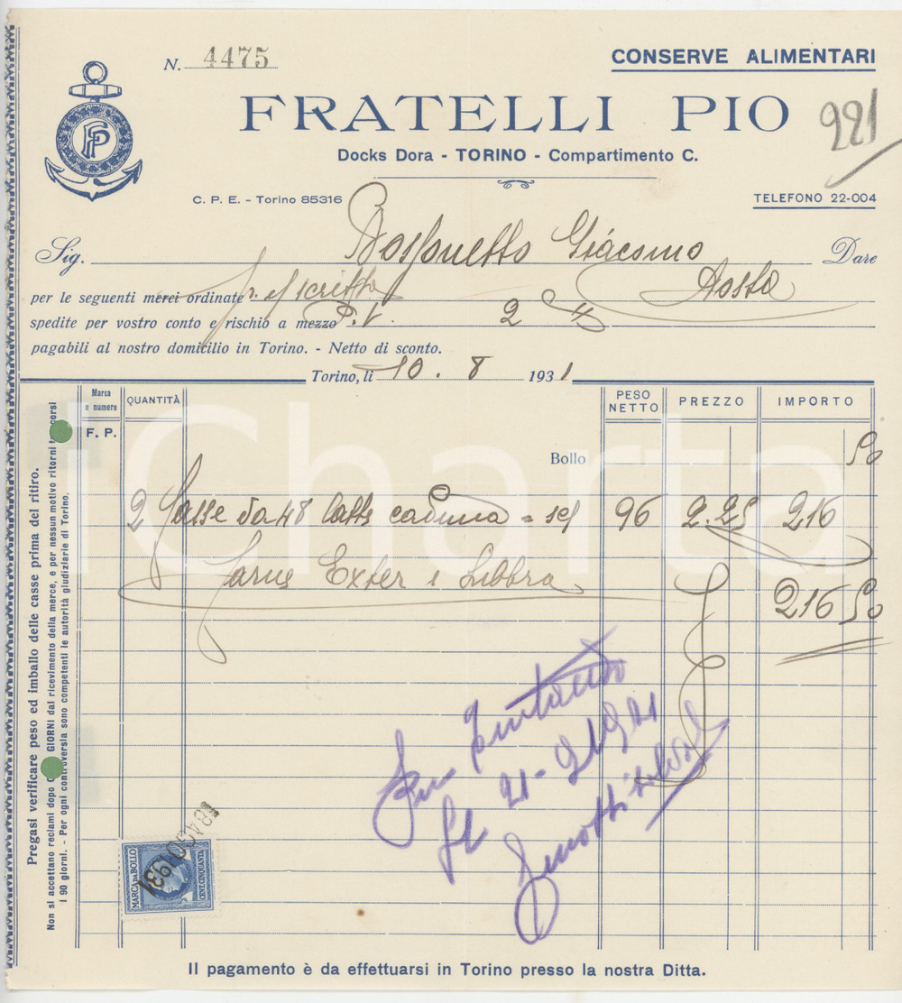 1931 TORINO Docks Dora - Fratelli PIO Conserve alimentari - Fattura (6)