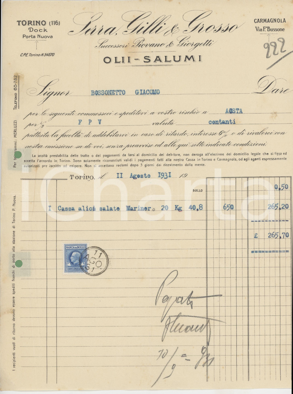 1931 TORINO Dock Porta Nuova - SERRA, GILLI & GROSSO Olii Salumi - Fattura (6)