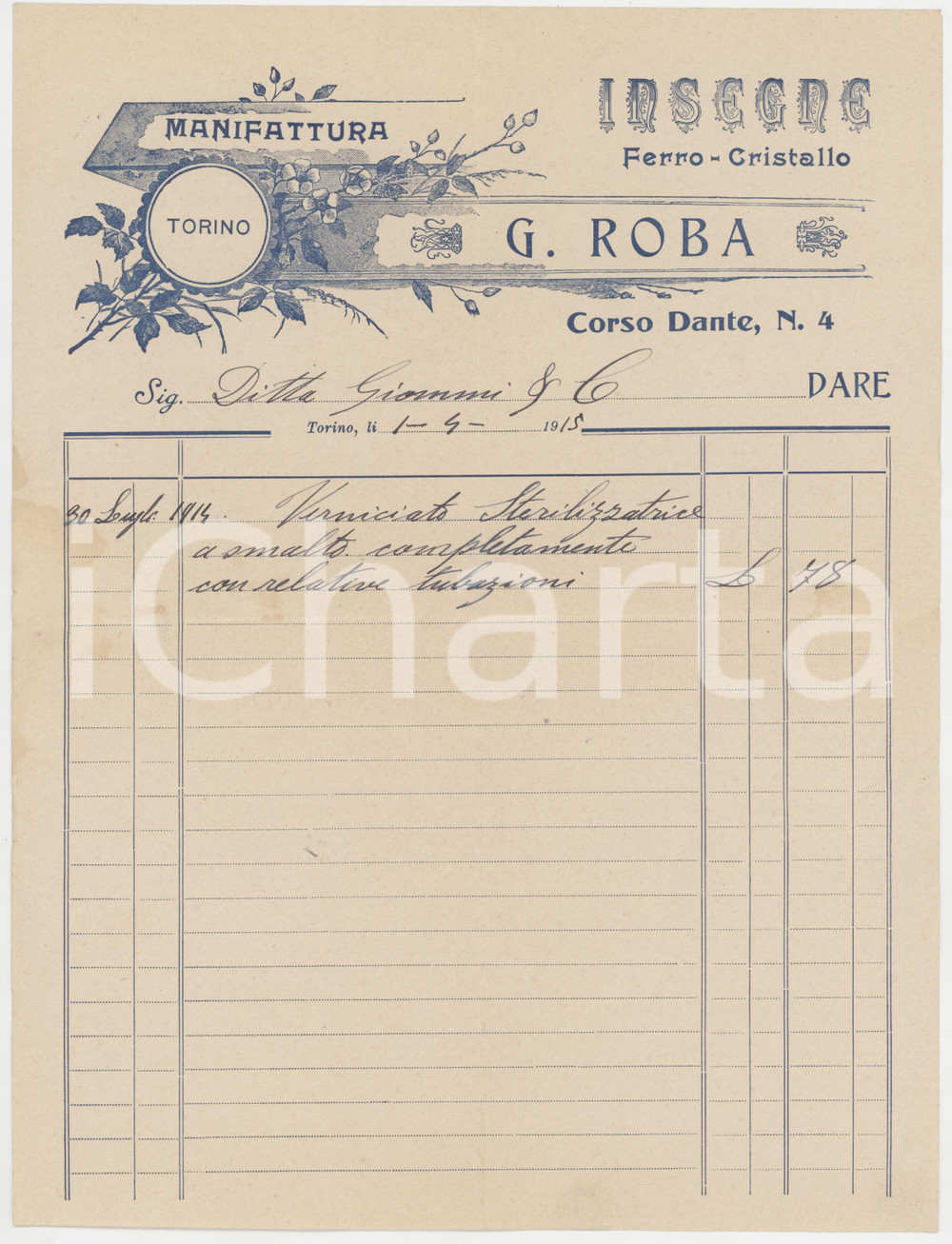 1915 TORINO Corso Dante 4 - G. ROBA Insegne ferro-cristallo *Fattura