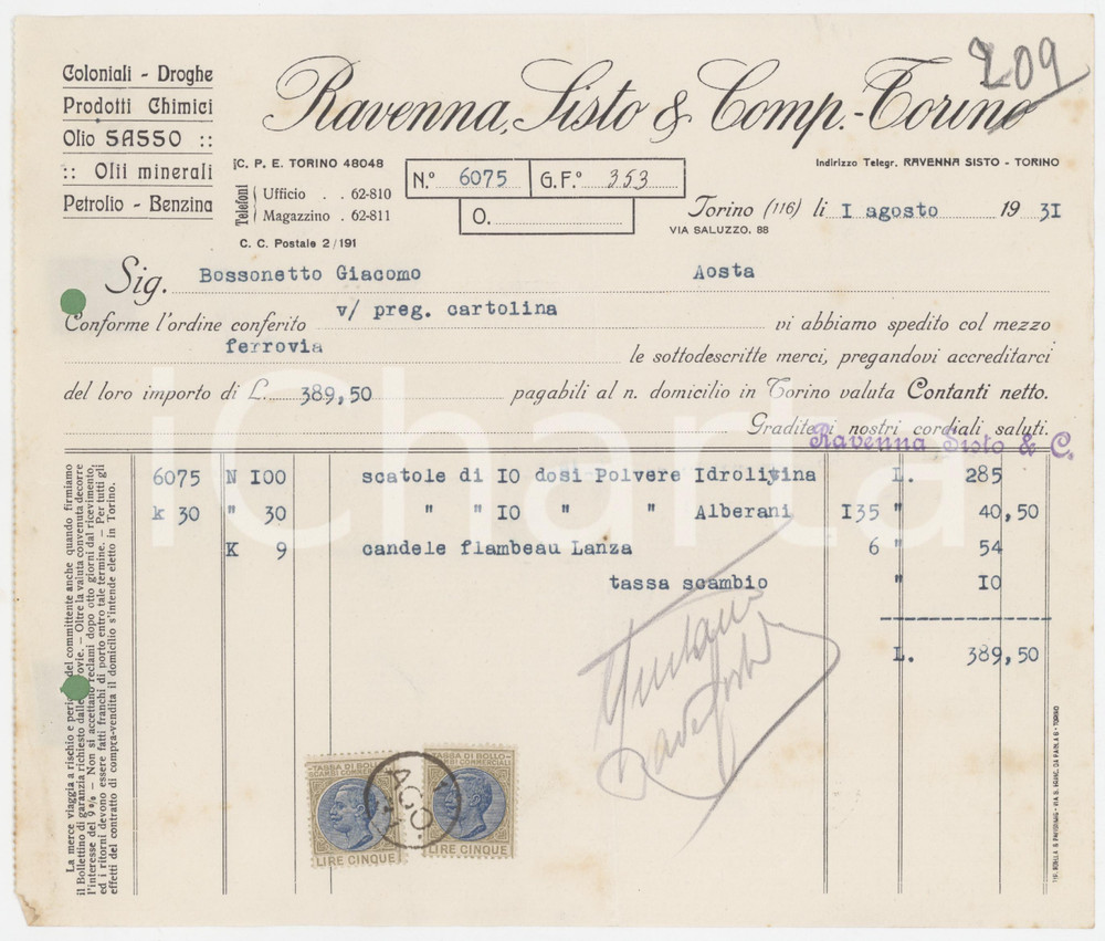 1931 TORINO C.so Vittorio Emanuele II 44 - RAVENNA SISTO & Comp. - Fattura (12)