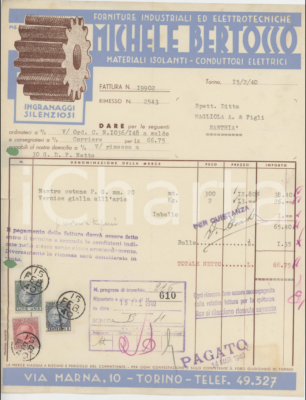 1940 TORINO Forniture industriali Michele BERTOCCO - Fattura nastro cotone