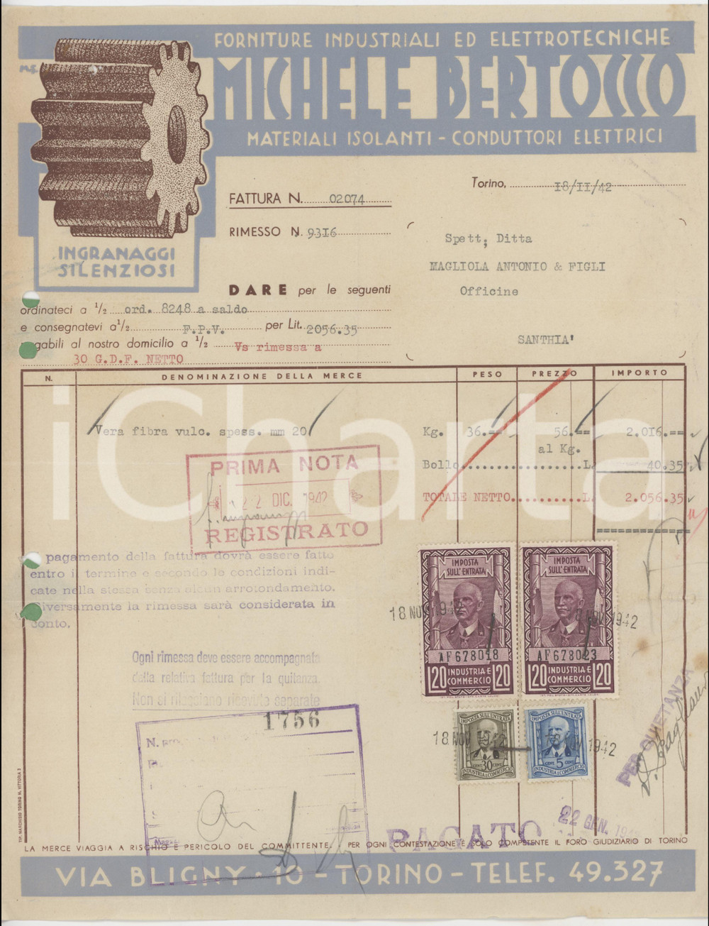 1942 TORINO Forniture industriali Michele BERTOCCO - Fattura nastro cotone