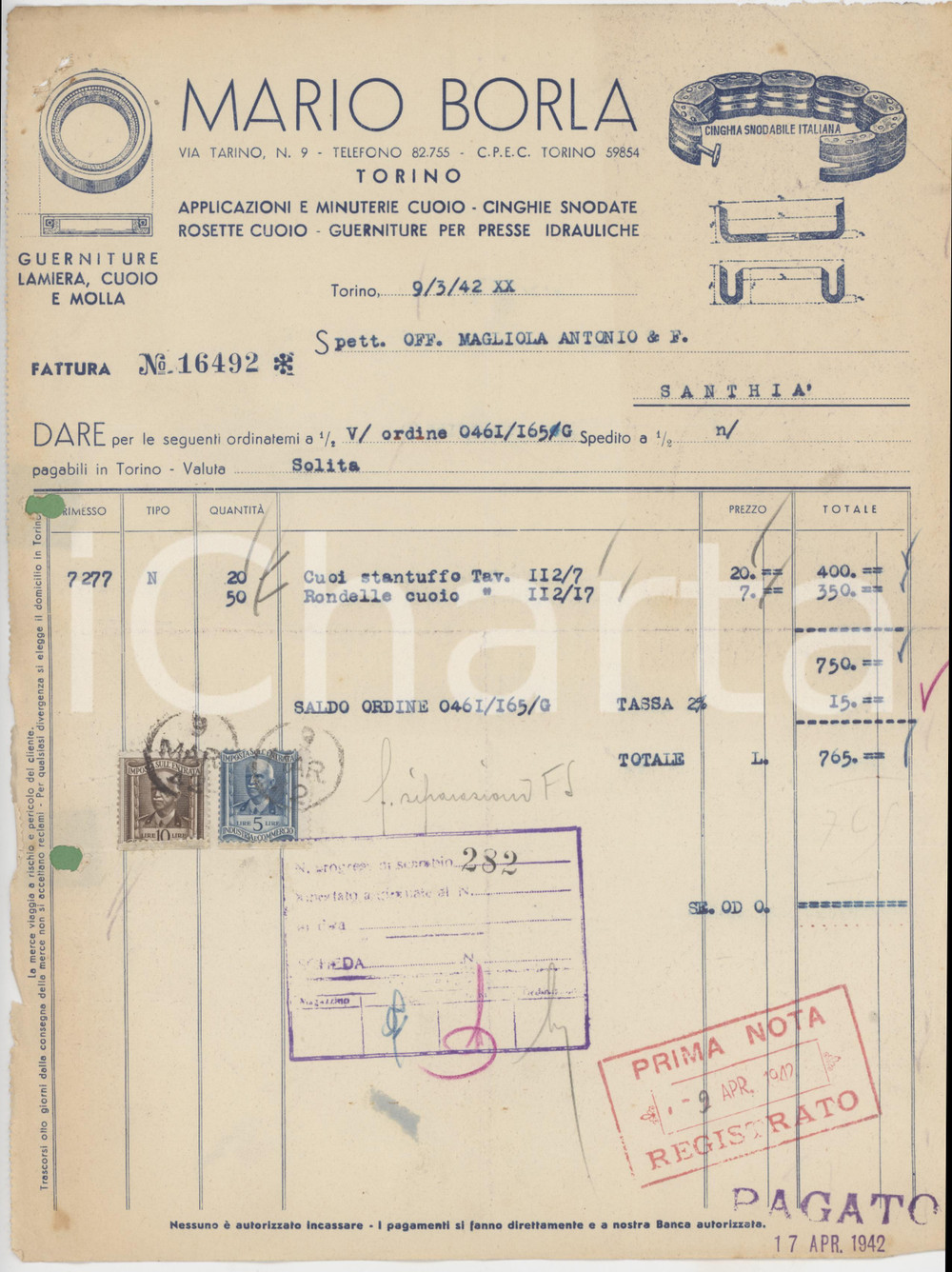 1942 TORINO - Mario BORLA Via Tarino 9 - Cuoio, cinghia snodabile - Fattura (15)