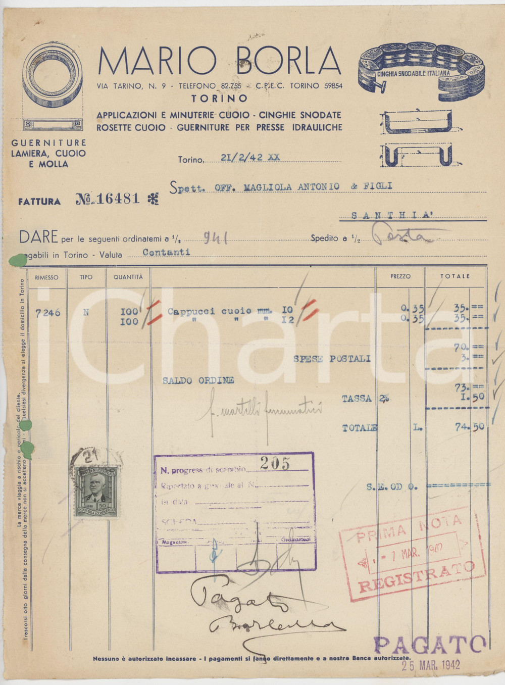 1942 TORINO - Mario BORLA Via Tarino 9 - Cuoio, cinghia snodabile - Fattura (14)