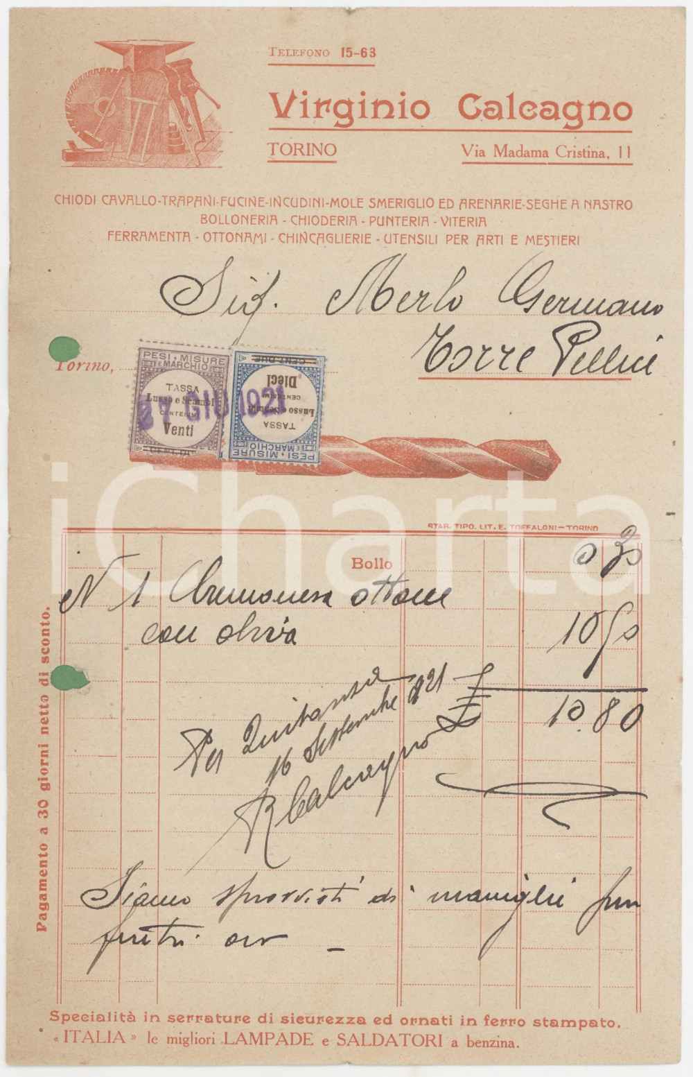 1921 TORINO Via Madama Cristina 11 Virginio CALCAGNO Ferramenta - Fattura (1)