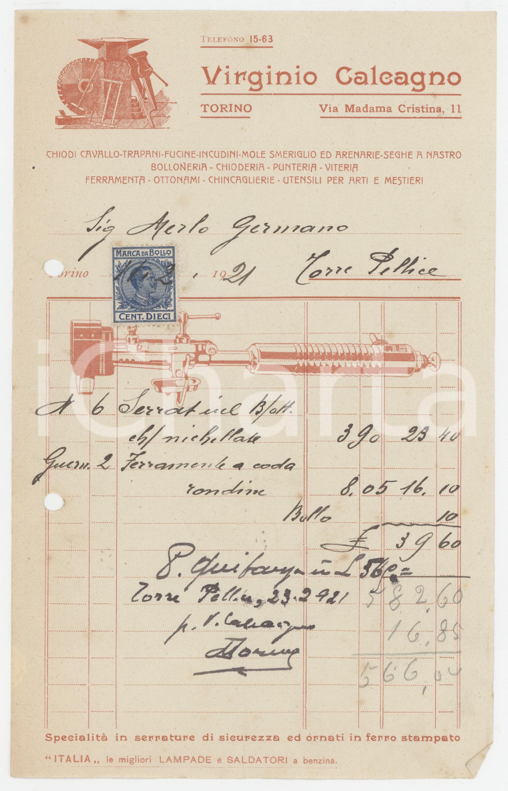 1921 TORINO Via Madama Cristina 11 Virginio CALCAGNO Ferramenta - Fattura