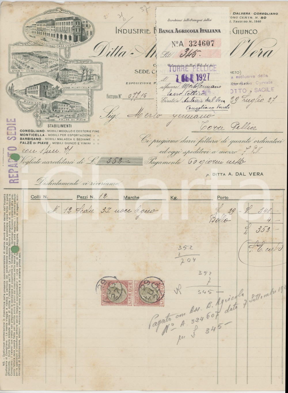 1927 CONEGLIANO Ditta Antonio DAL VERA Mobili in legno e giunco - Fattura (2)