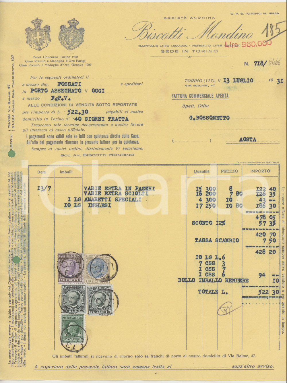 1931 TORINO Via Balme - Biscotti MONDINO Fattura intestata per amaretti (1)