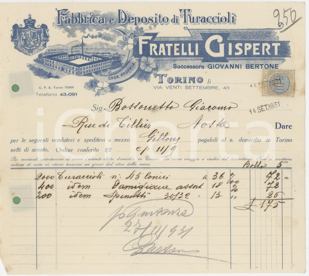 1931 TORINO Fratelli GISPERT Fabbrica e deposito di turaccioli - Fattura (1)