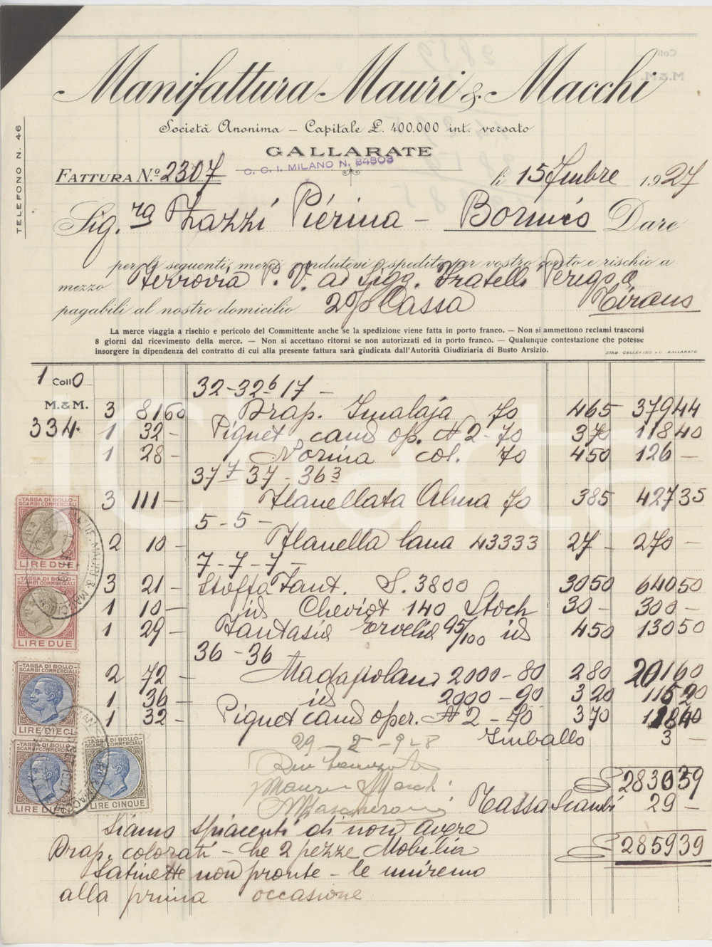 1927 GALLARATE Manifattura MAURI E MACCHI Fattura per flanella 21x28 cm