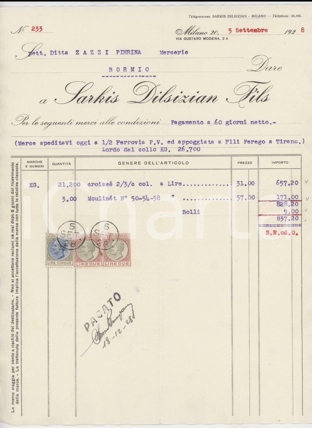 1928 MILANO Via Gustavo Modena 2A Ditta SARKIS DILSIZIAN FILS Fattura 22x28 cm