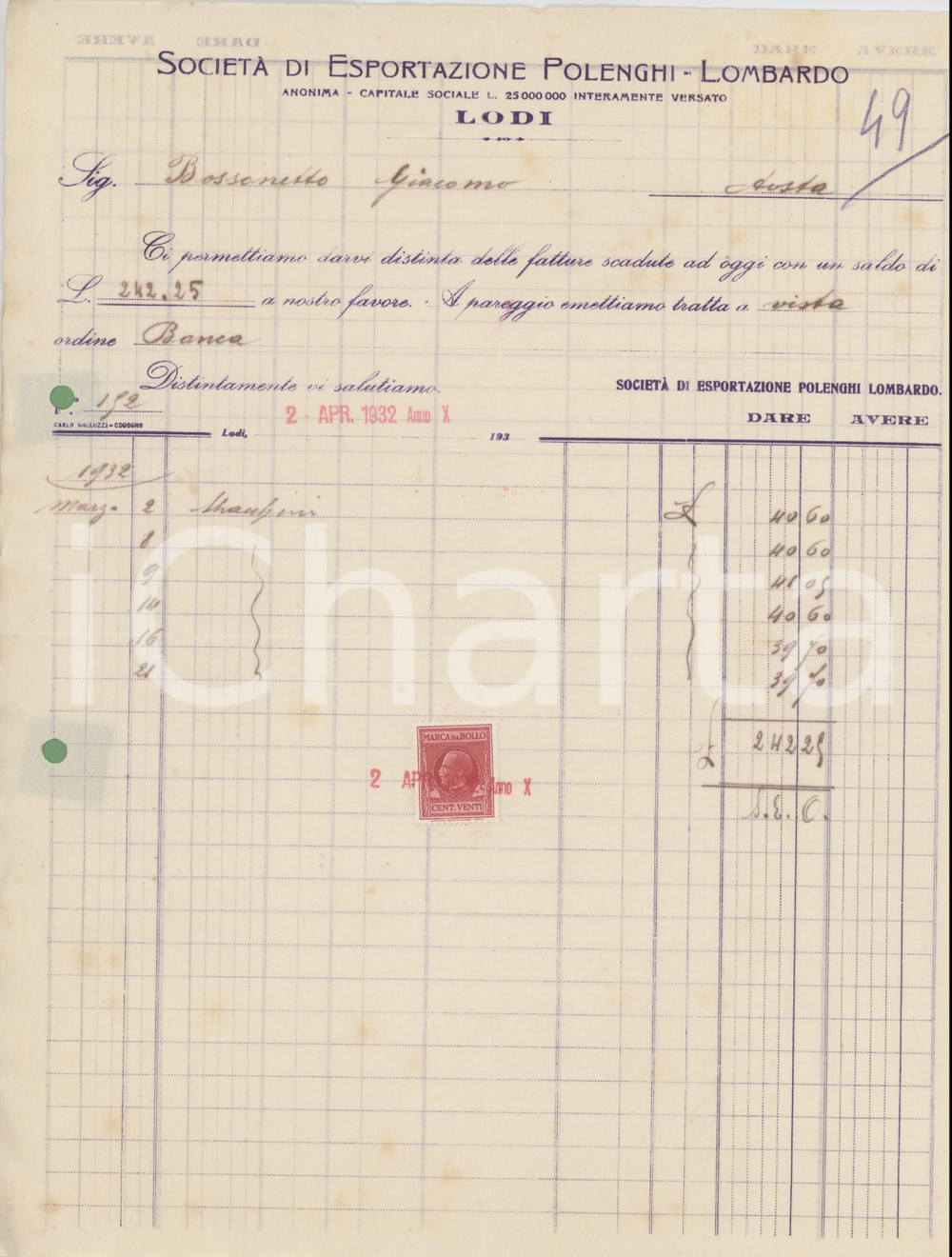 1932 LODI Società di esportazione POLENGHI LOMBARDO Fattura 22x28 cm