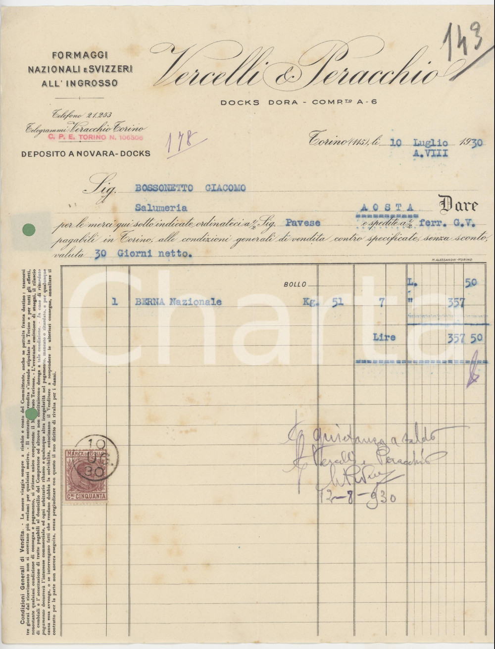 Documento originale, autentico 1930 TORINO Docks Dora VERCELLI & PERACCHIO Formaggi all ingrosso  Fattura 4 1