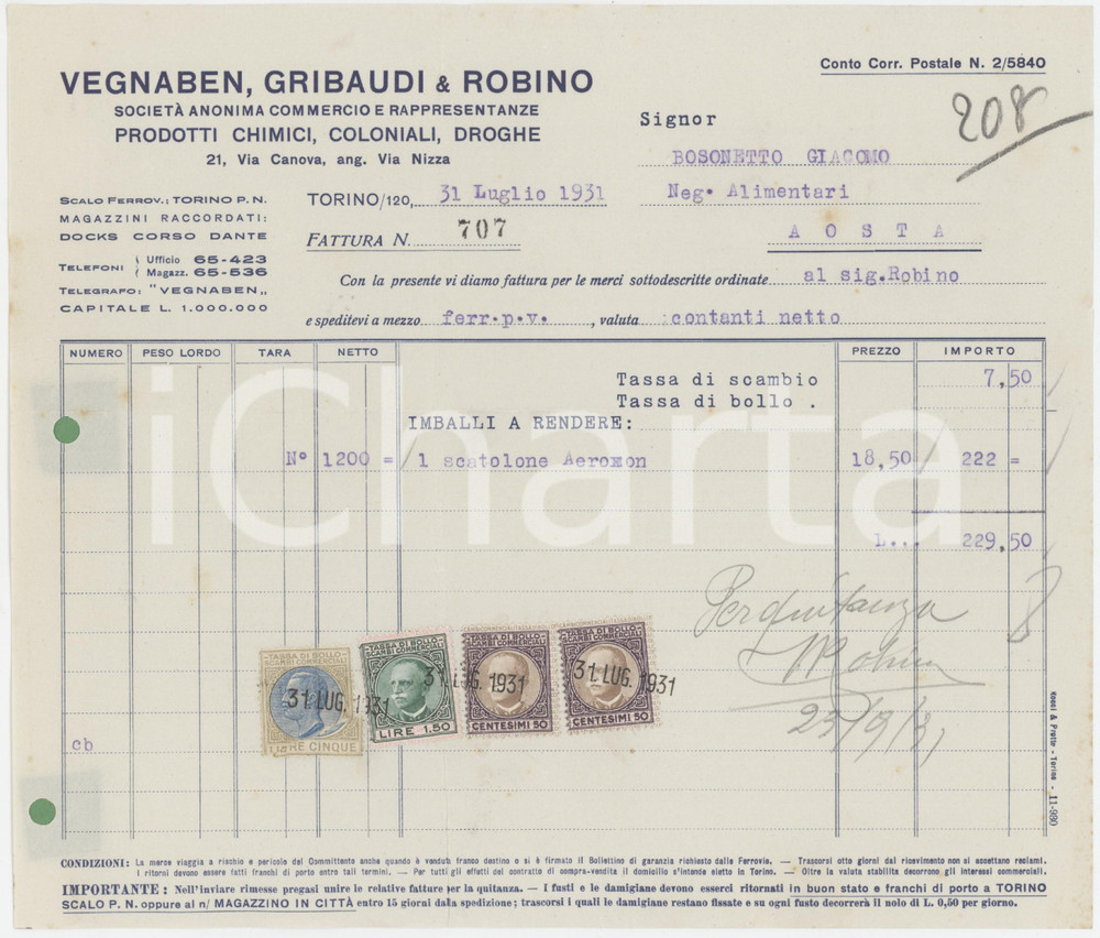Documento originale, autentico 1931 TORINO Via Canova 21 VEGNABEN, GRIBAUDI & ROBINO Fattura per AEROXON 23x19 1