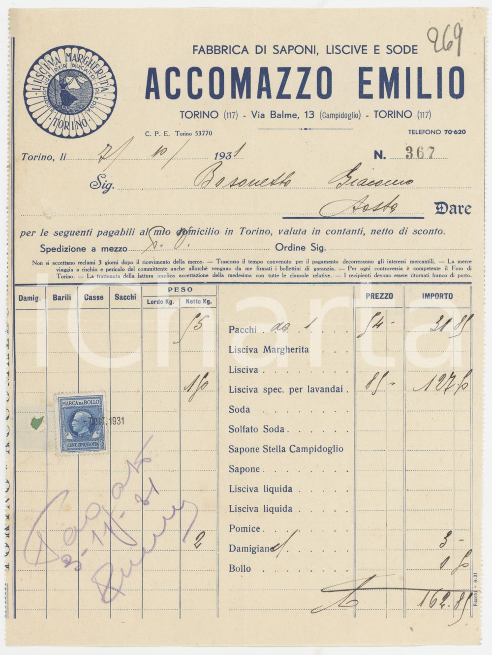 Documento originale, autentico 1931 TORINO Via Balme 13  Emilio ACCOMAZZO Fabbrica di saponi  Fattura 4 1