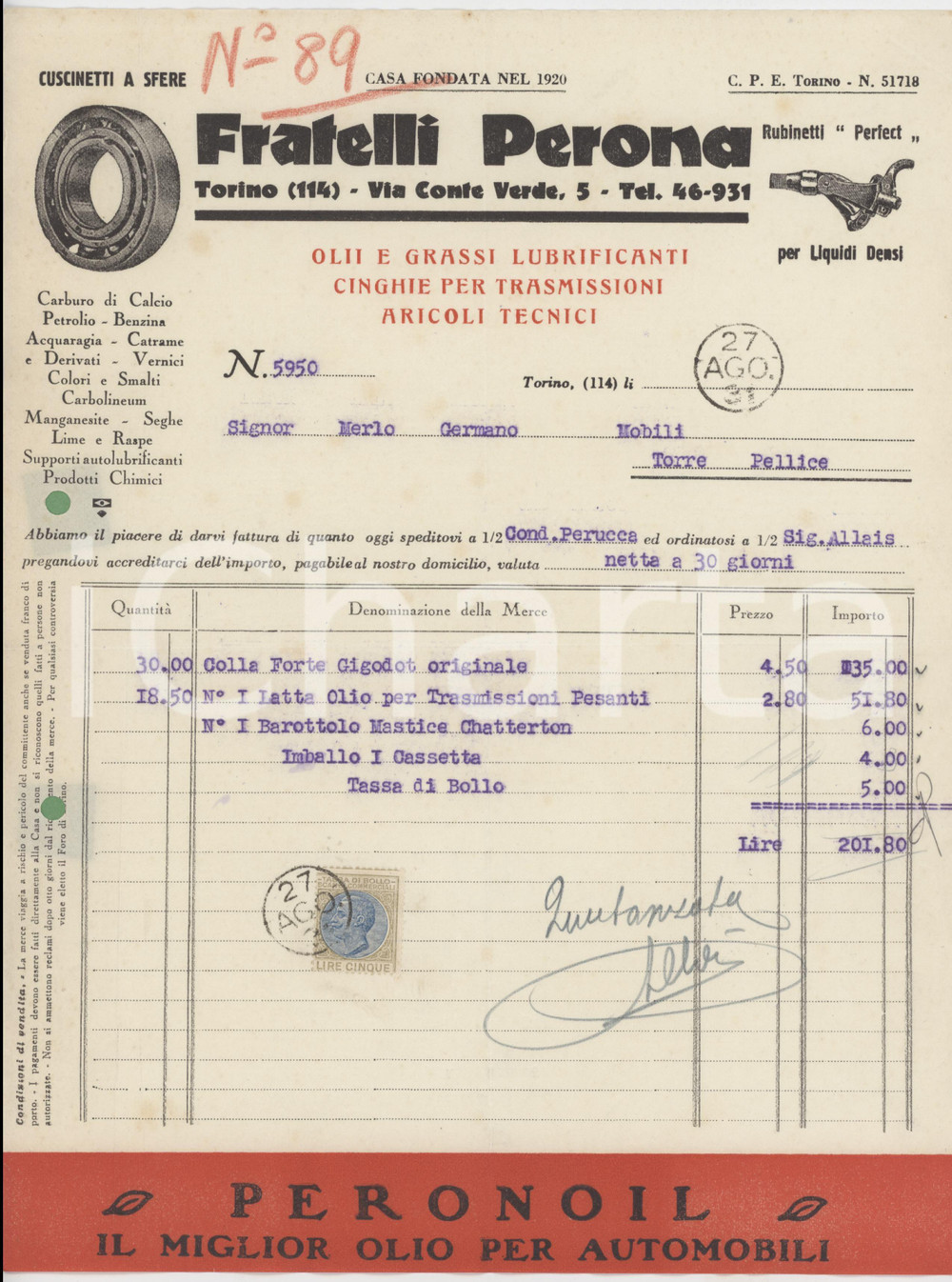 Documento originale, autentico 1931 TORINO Via Conte Verde 5  Fratelli PERONA Fattura per colla GIGODOT 21x28 1