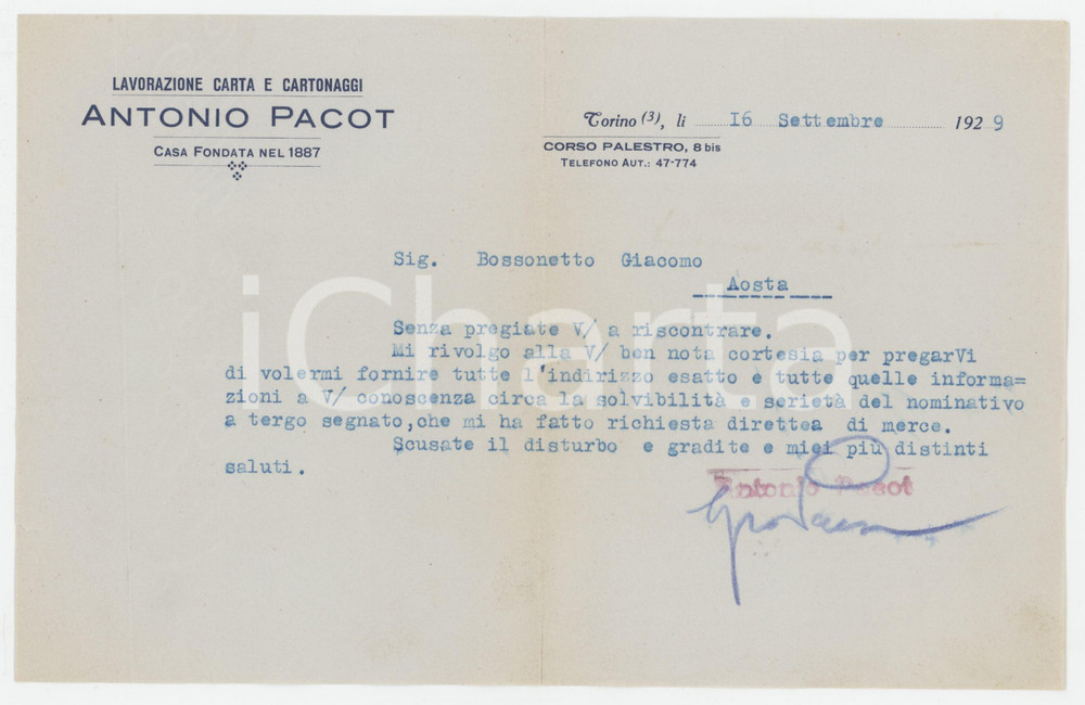 Documento originale, autentico 1929 TORINO Corso Palestro  Lavorazione carta Antonio PACOT Lettera commerciale 1