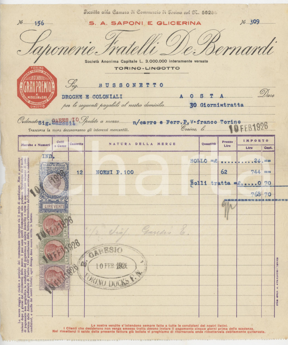 1926 TORINO - LINGOTTO Saponerie FRATELLI DE BERNARDI Fattura 21x25 cm