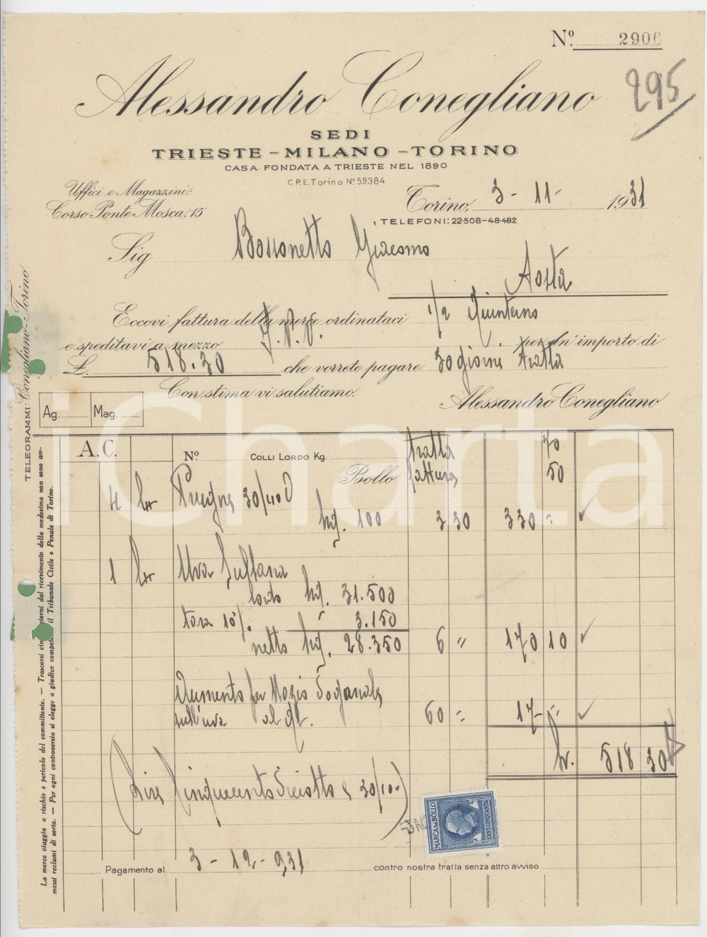 Documento originale, autentico 1931 TORINO Corso Ponte Mosca 15 Alessandro CONEGLIANO  Fattura per prugne 5 1