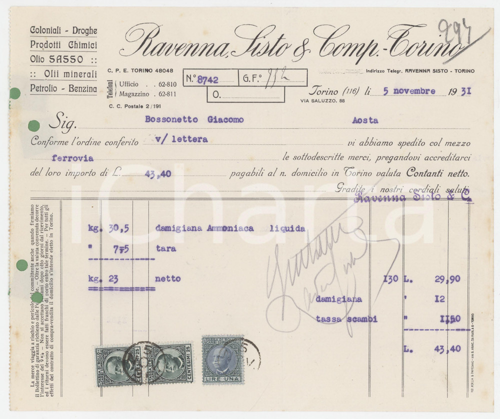 Documento originale, autentico 1931 TORINO Via Saluzzo 88  RAVENNA SISTO & Comp.  Fattura per ammoniaca 1