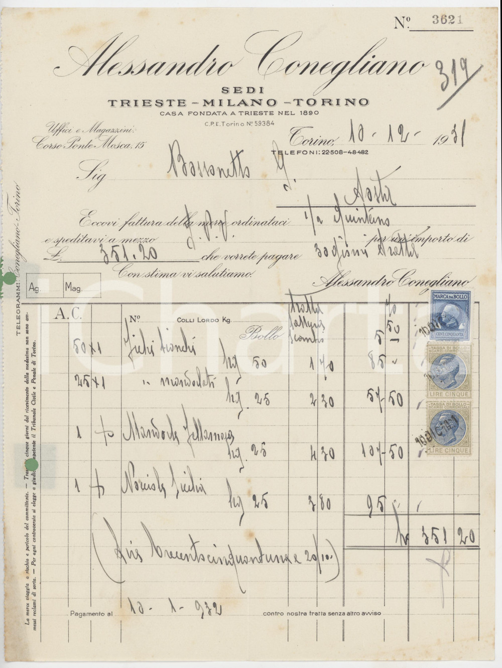 Documento originale, autentico 1931 TORINO Corso Ponte Mosca 15 Alessandro CONEGLIANO  Fattura 6 1
