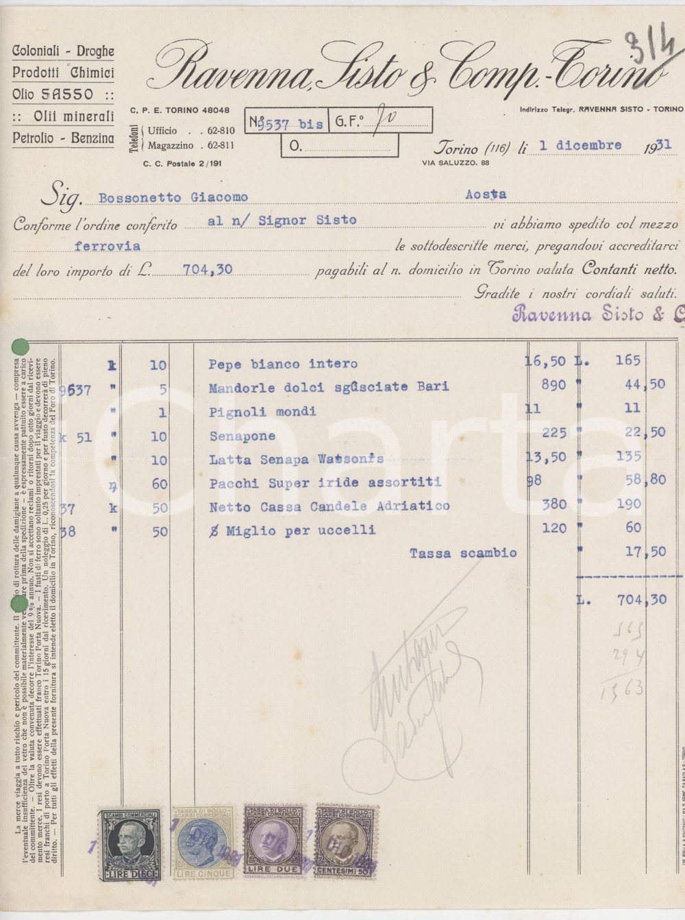 Documento originale, autentico 1931 TORINO Via Saluzzo 88  RAVENNA SISTO & Comp  Fattura per mandorle di Bari 1