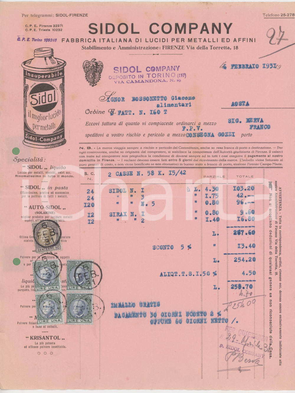 Documento originale, autentico 1931 FIRENZE Via della Torretta 18 SIDOL Company Lucidi per metalli  Fattura 3 1