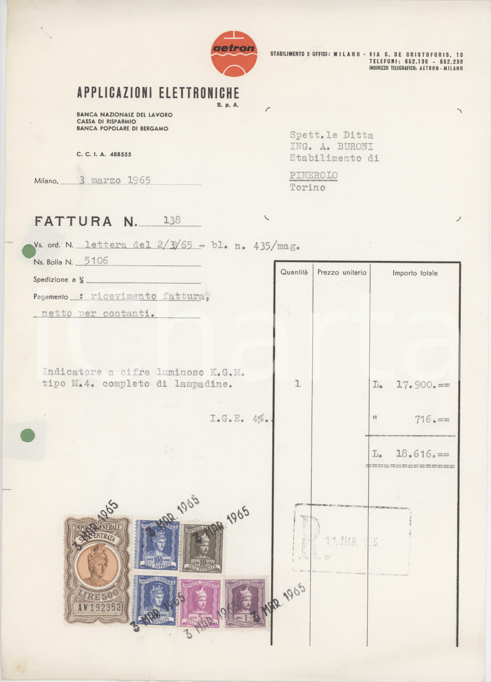 Documento originale, autentico 1965 MILANO Via C. De Cristoforis 10 AETRON Applicazioni elettroniche  Fattura 1