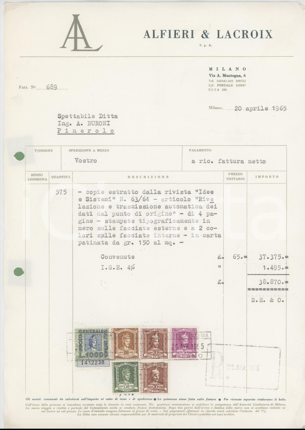 Documento originale, autentico 1965 MILANO Via Mantegna 6 ALFIERI E LACROIX Fattura per rivista IDEE E SISTEMI 1