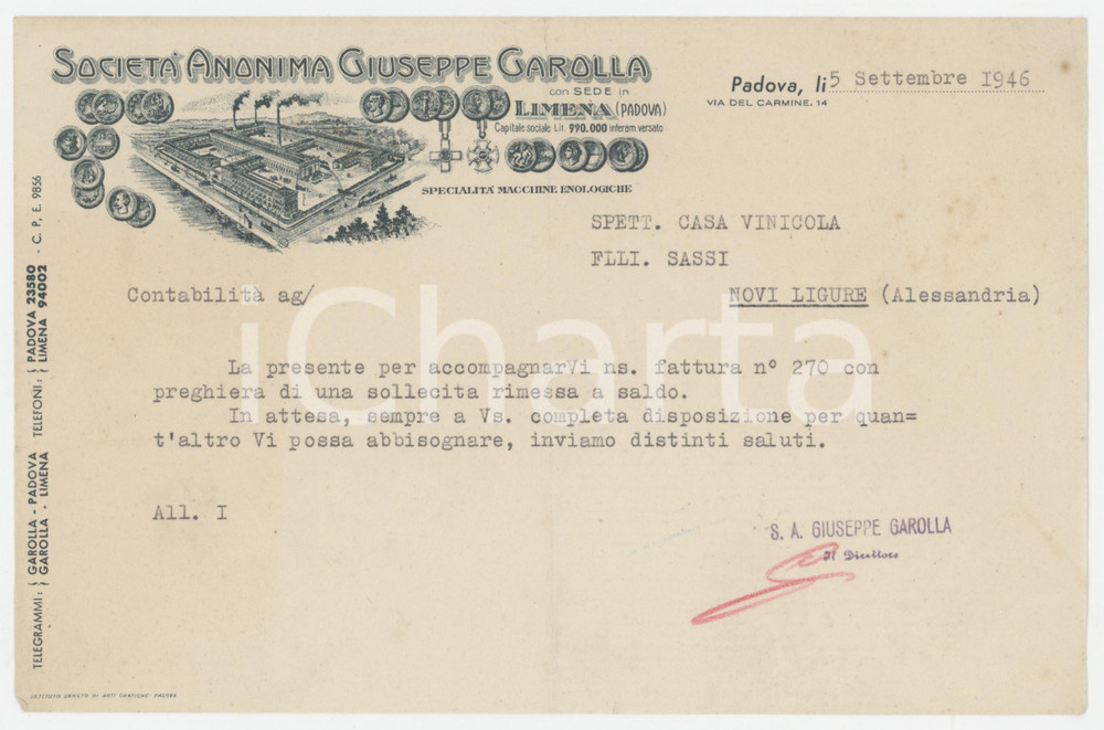 1946 PADOVA Società Giuseppe GAROLLA Macchine enologiche - Lettera commerciale 1