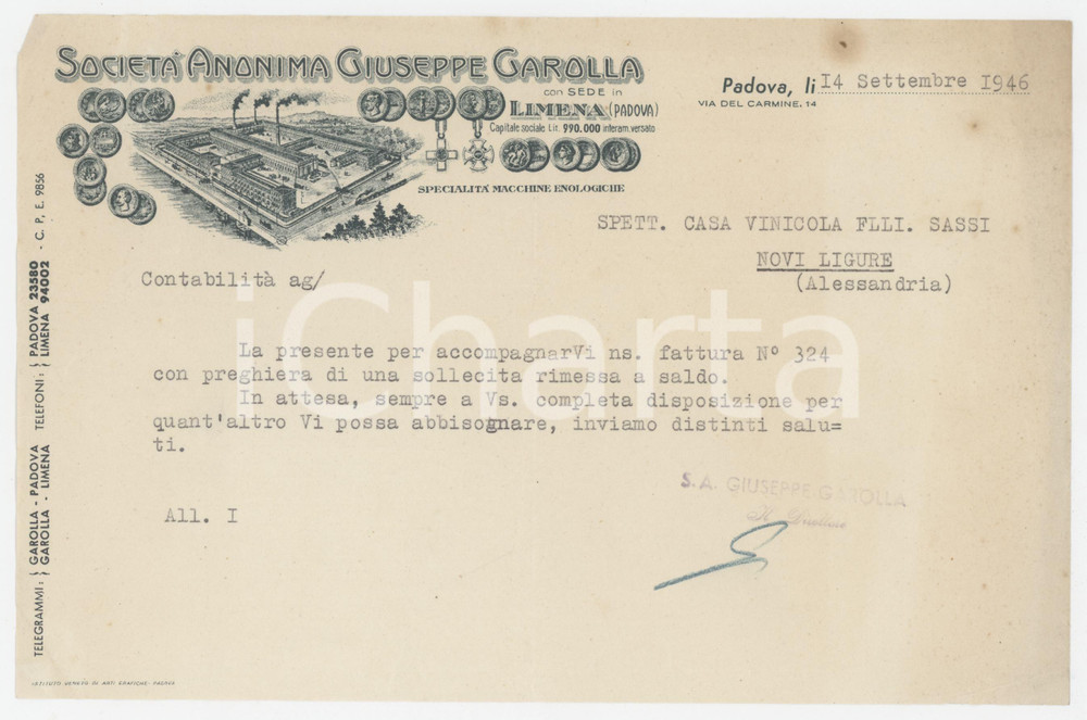 Documento originale, autentico 1946 PADOVA Società Giuseppe GAROLLA Macchine enologiche  Lettera commerciale 2 1