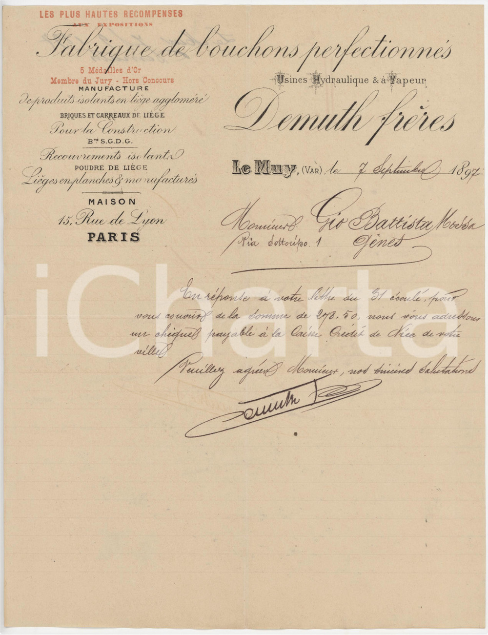Documento originale, autentico 1897 LE MUY VAR DEMUTH FrÃ¨res  Fabrique bouchons perfectionnÃ©s  Lettre 1