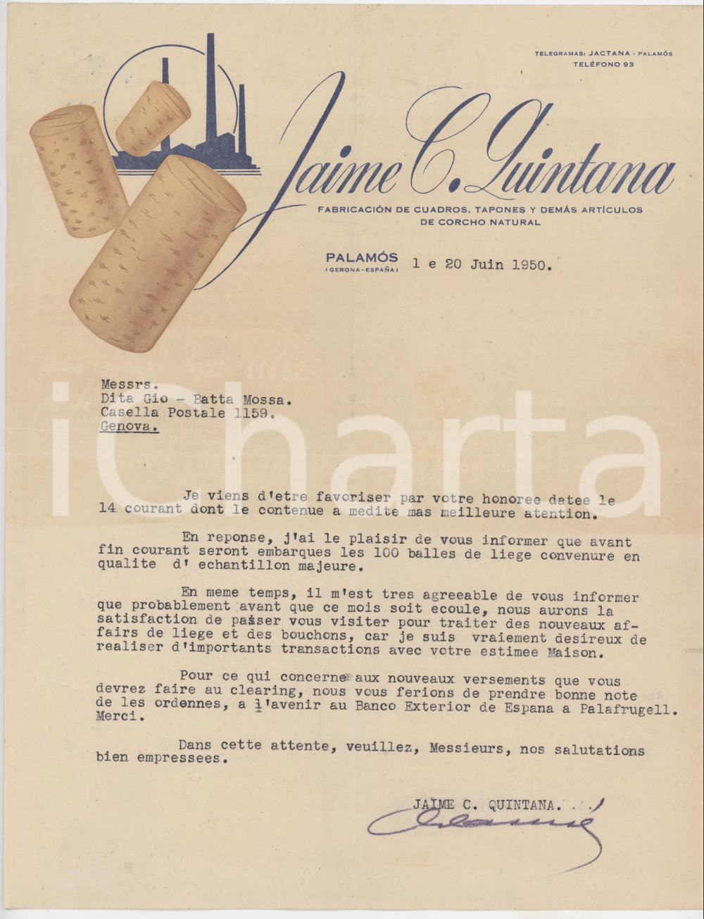 1950 PALAMOS (ESPAÃ‘A) Jaime C. QUINTANA Tapones y articulos de corcho *Lettera Lettera commerciale d'epoca, dattiloscritta, su carta intestata illustrata. CONDIZIONI: F (piegature d'epoca, minuscoli fori all'angolo superiore sinistro)PAGINE: 1 FAIR/discreto piegature d'epoca; piccoli fori da spillatura  originale e autentica 1