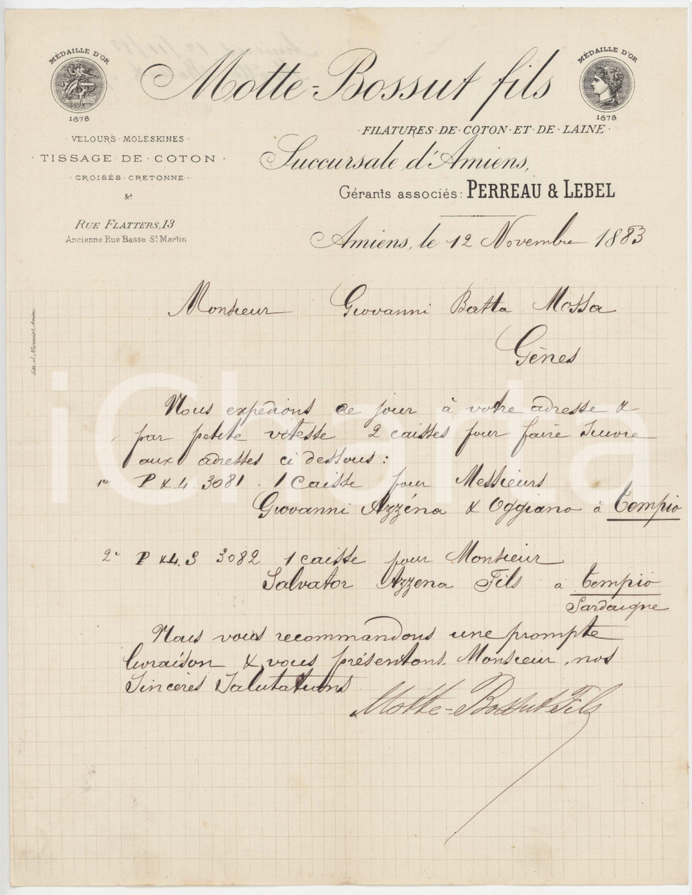 1883 AMIENS (F) MOTTE-BOSSUT Fils - Tissage de coton - Lettera invio in Sardegna Lettera commerciale d'epoca, manoscritta, su carta intestata.Amiens - 13, rue FlattersPAGINE: 1 FAIR/discreto piegature d'epoca  originale e autentica 1