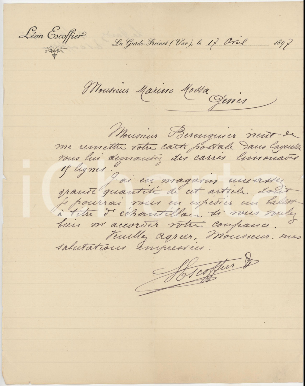 1897 LA GARDE-FREINET (VAR) LÃ©on ESCOFFIER - Lettre vente carrÃ©s limonades Lettera commerciale d'epoca, manoscritta, su carta intestata.PAGINE: 1 FAIR/discreto piegature d'epoca e piccoli strappi  originale e autentica 1