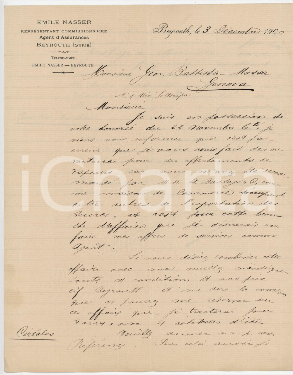 Manoscritto, lettera originale 1900 BEYROUTH LIBAN Emile NASSER Représentant  Lettre vente sucre céréales 1