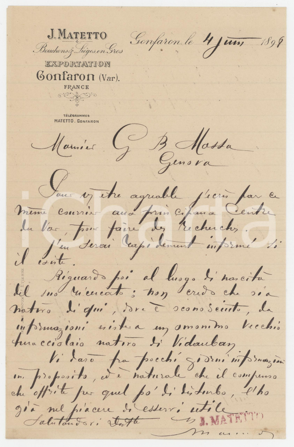 Documento originale, autentico 1898 GONFARON VAR   J. MATETTO  Bouchons et LiÃ¨ges en Gros  Lettre 1