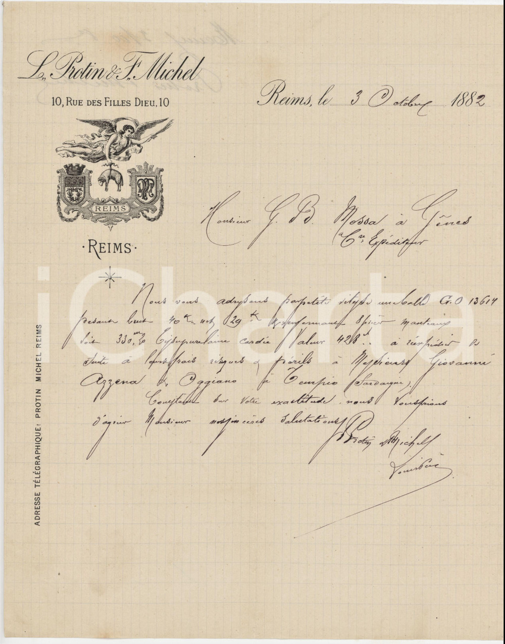Documento originale, autentico 1882 REIMS F L. PROTIN & F. MICHEL  Tissus  Enoi laine cardÃ©e Lettre entÃªte 1