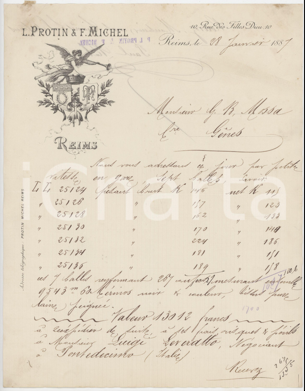 1887 REIMS (F) L. PROTIN & F. MICHEL - Envoi balles de laine - Lettre entête