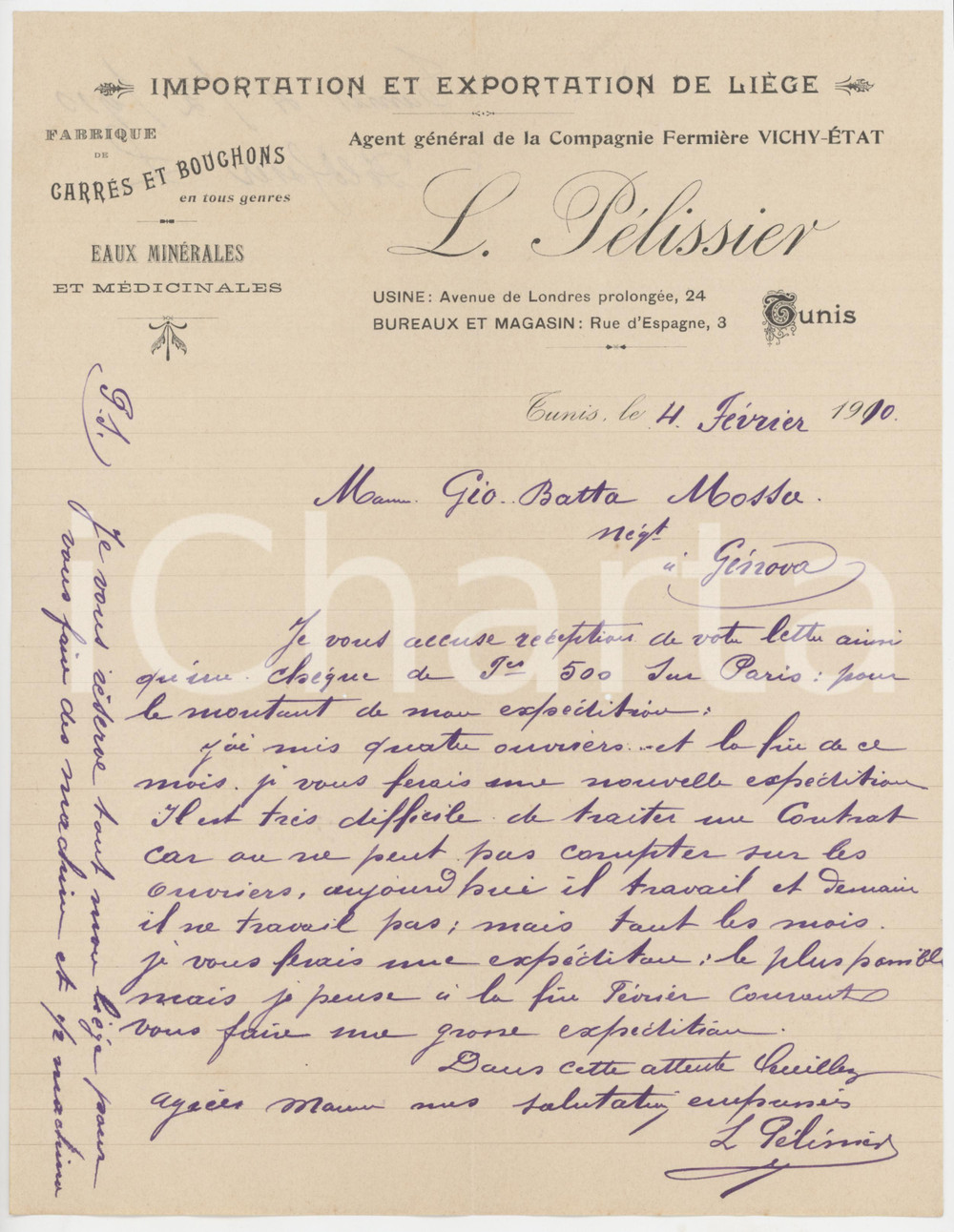 1910 TUNIS - L. PELISSIER Fabrique de carrés et bouchons - Lettre expédition