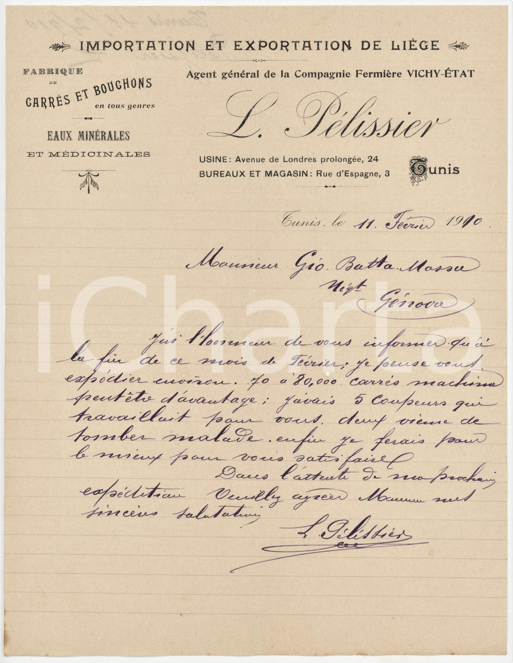 1910 TUNIS - L. PELISSIER Fabrique de carrés et bouchons - Vente carrés