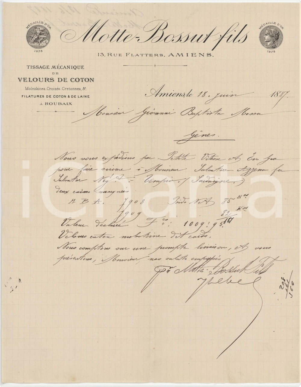 Documento originale, autentico 1887 AMIENS  MOTTEBOSSUT Fils  Velours de coton  Invio merci in Sardegna 1