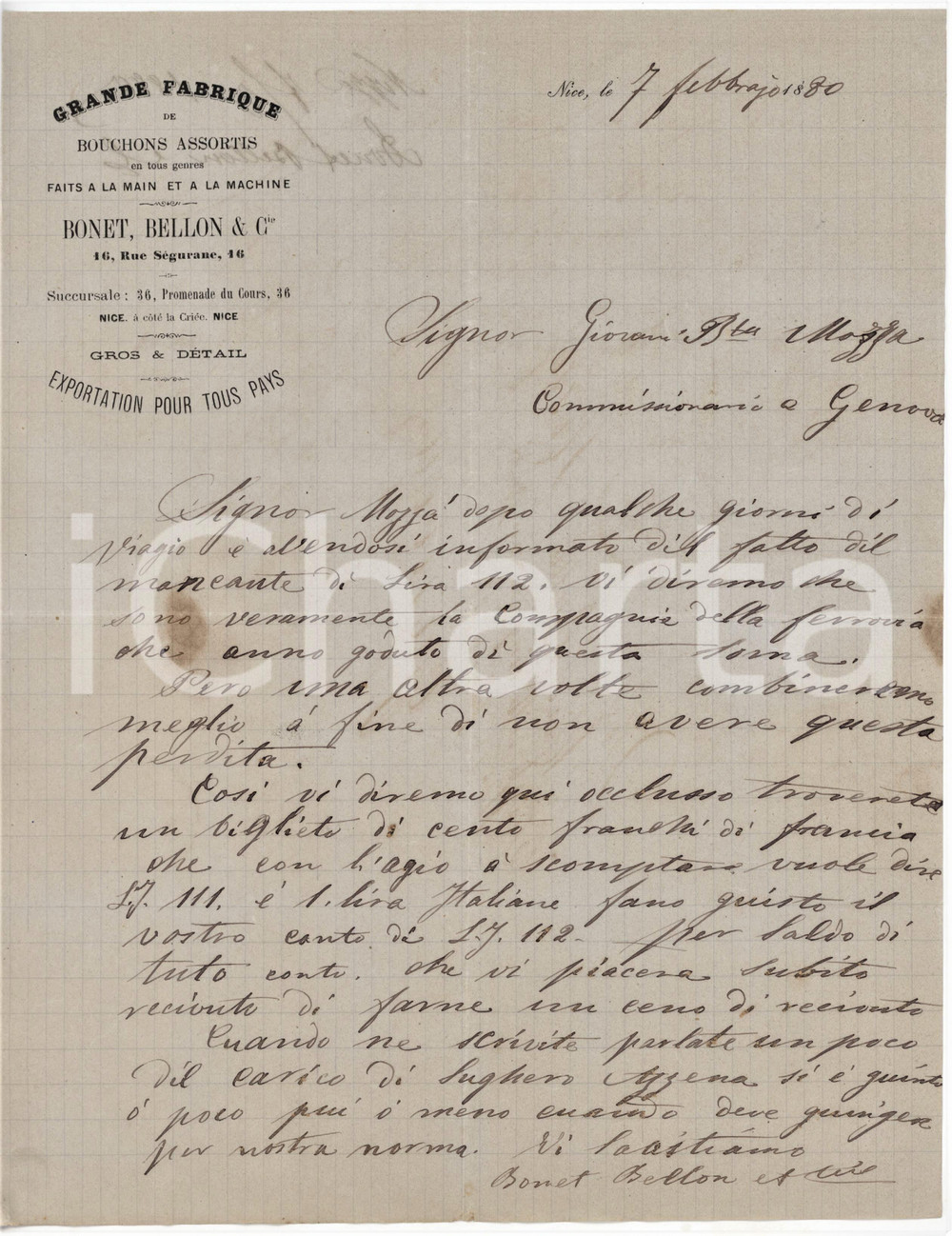 1880 NICE - BONET, BELLON & C. rue Ségurane 16 - Fabrique Bouchons - Lettera