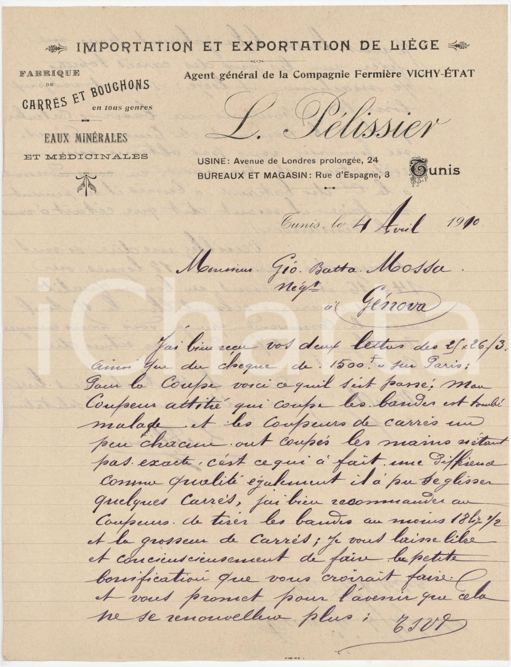 1910 TUNIS - L. PELISSIER Fabrique de carrés et bouchons - Lettre vente carrés