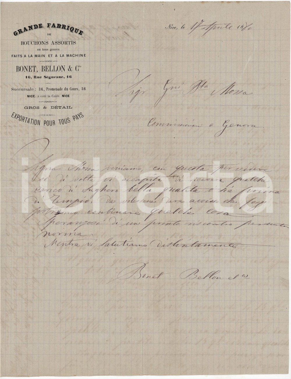1880 NICE - BONET, BELLON & C. - Fabrique de Bouchons - Lettera carico sughero