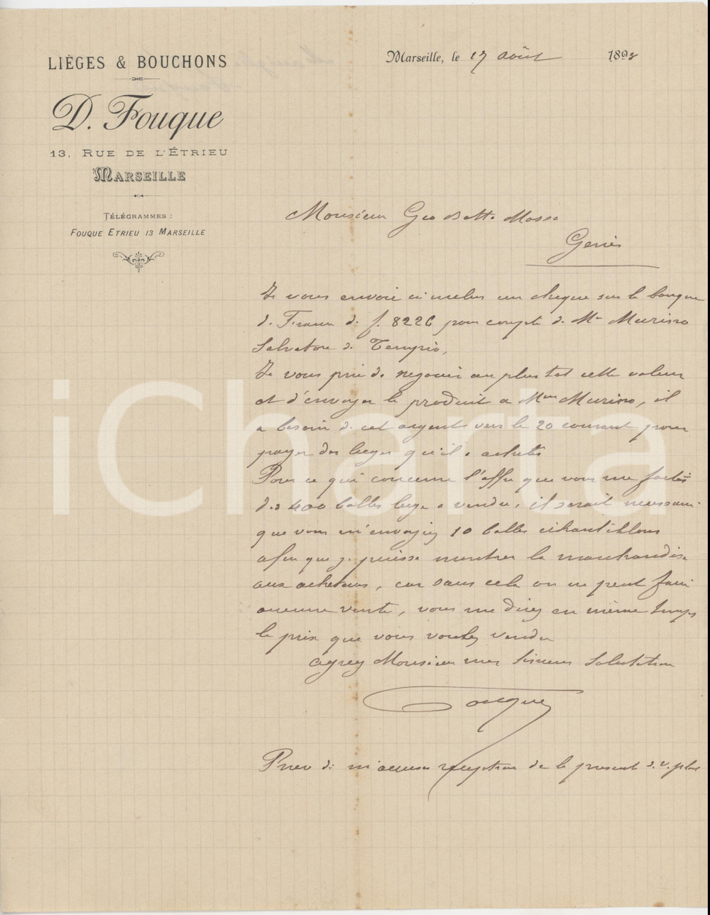 1898 MARSEILLE - D. FOUQUE LiÃ¨ges et bouchons - Lettre papier Ã  en-tÃªte Lettera commerciale d'epoca, manoscritta, su carta intestata.PAGINE: 1 POOR/danneggiato piegature d'epoca e piccoli strappi; ingiallimenti lungo le piegature  originale e autentica 1