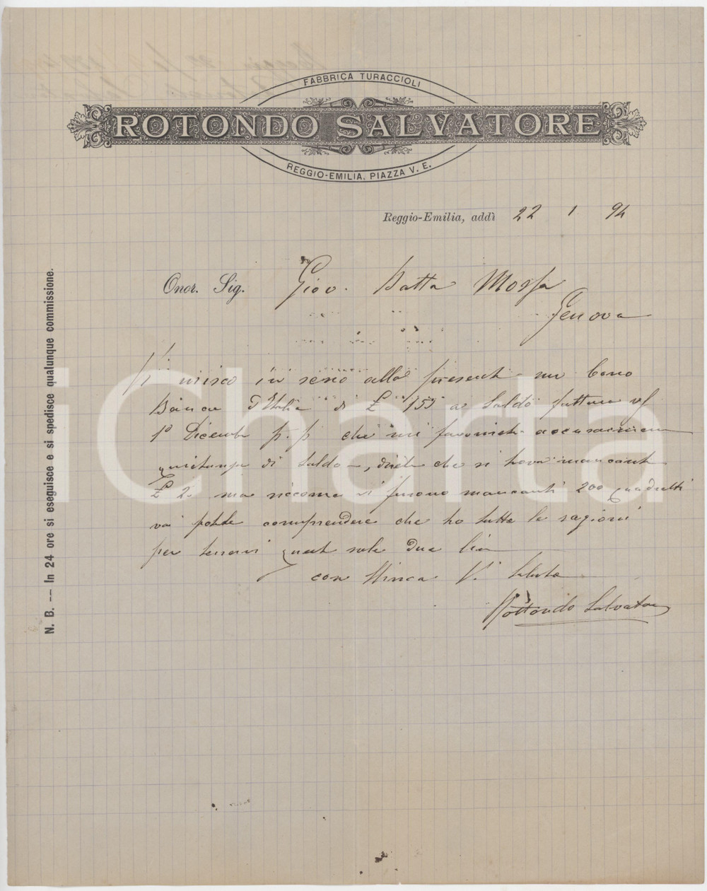 1894 REGGIO EMILIA Salvatore ROTONDO Fabbrica Turaccioli - Lettera commerciale 1 Lettera commerciale d'epoca, su carta intestata, manoscritta.PAGINE: 1  FAIR/discreto piegature d'epoca Formato: 22x28 cm originale e autentica 1