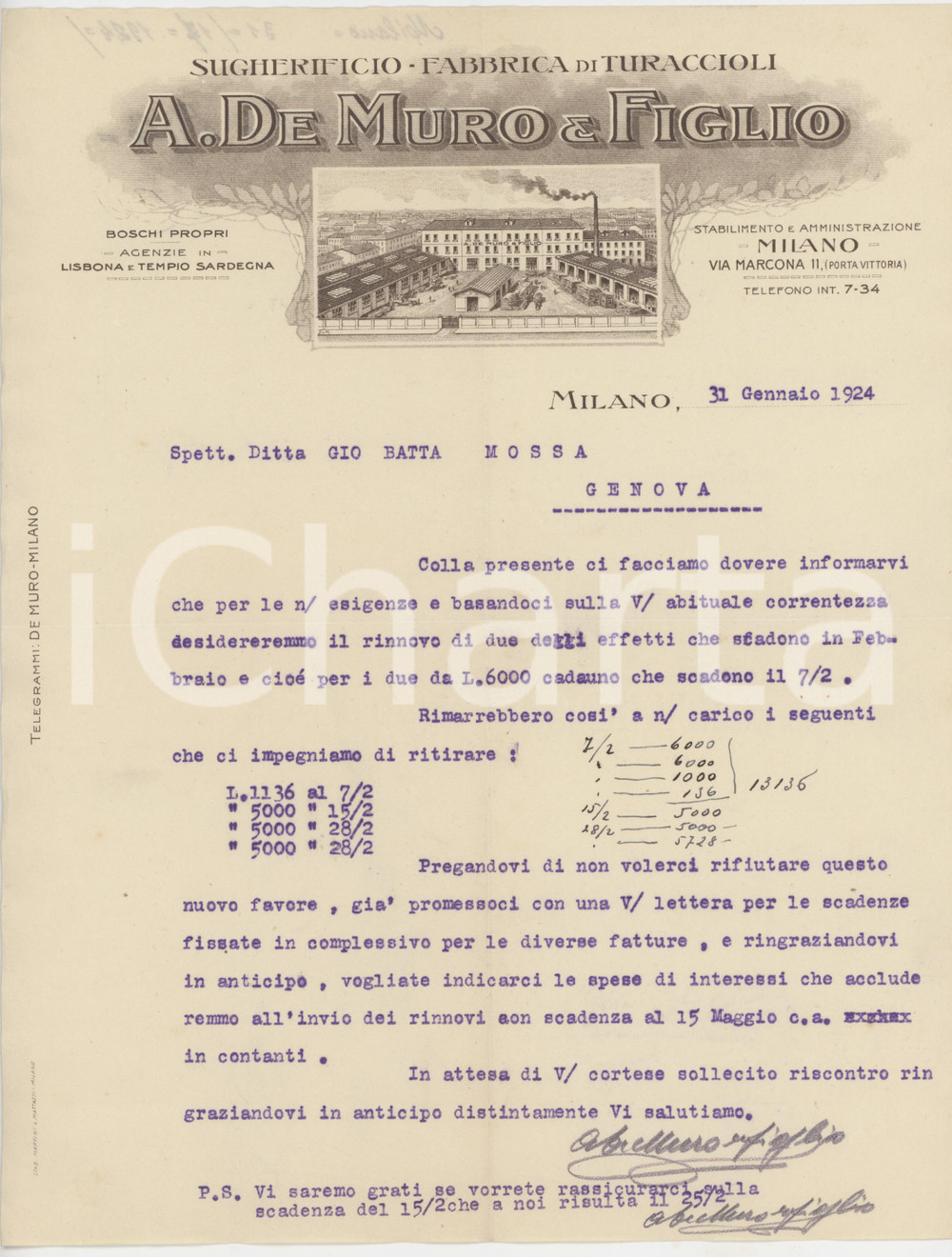 Documento originale, autentico 1924 MILANO Via Marcona 11  A. DE MURO & Figlio Sugherificio  Lettera 1