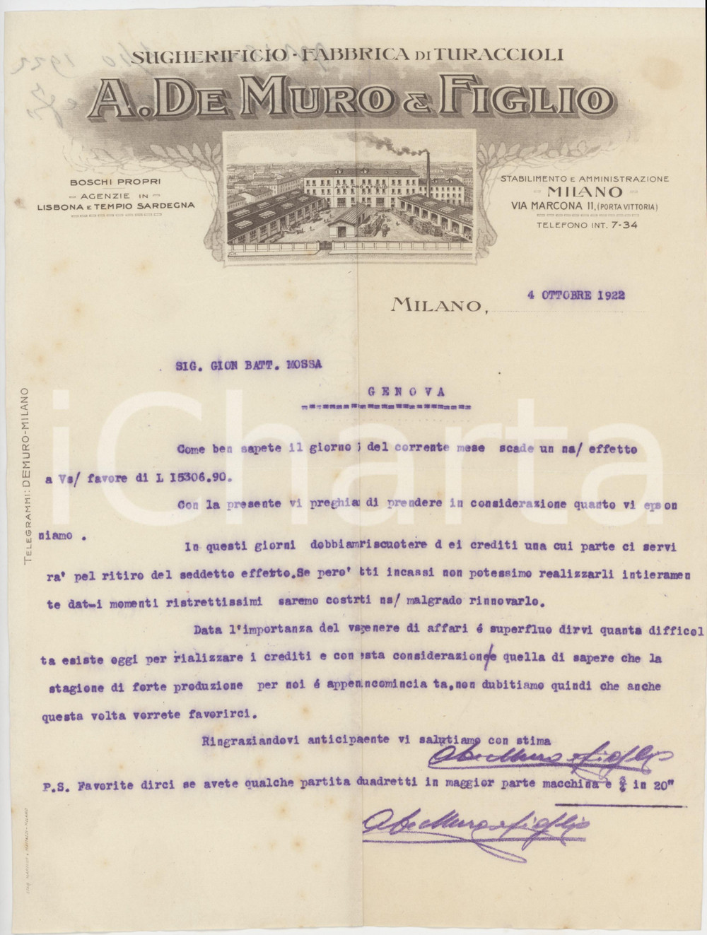 Documento originale, autentico 1922 MILANO Via Marcona 11  A. DE MURO & Figlio Sugherificio  Lettera 2 1